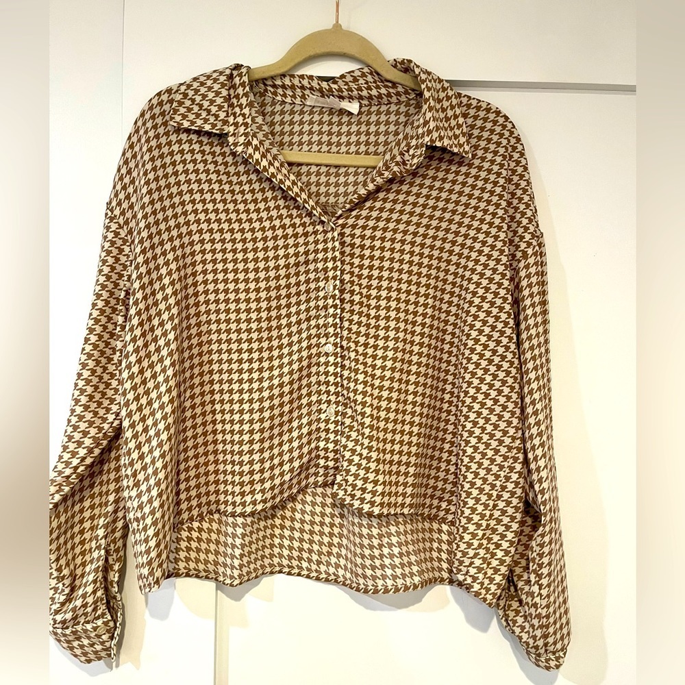 Pink Rose Brown Houndstooth Blouse​